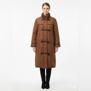 Vintage Brown Oversized Duvet Duffle Coat Braided Leather Pattern and Pockets